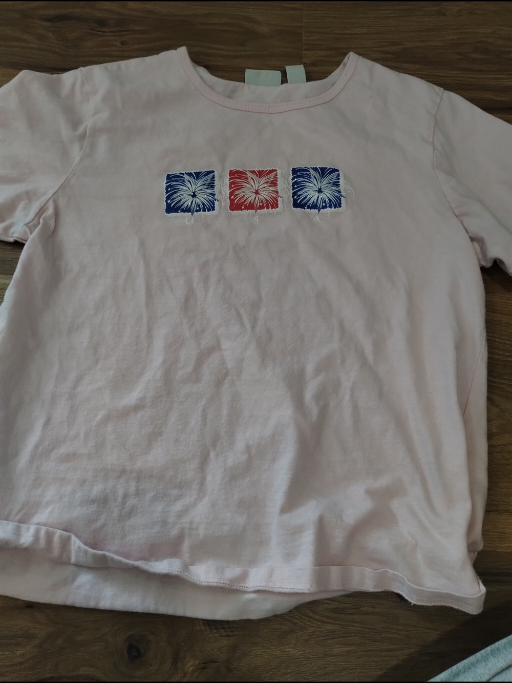 Classic Elements Light Pink Short Sleeve Tee with Blue & Red Firework Squares